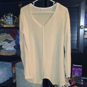 Elegant Beige Ribbed V-Neck Long Sleeve Top